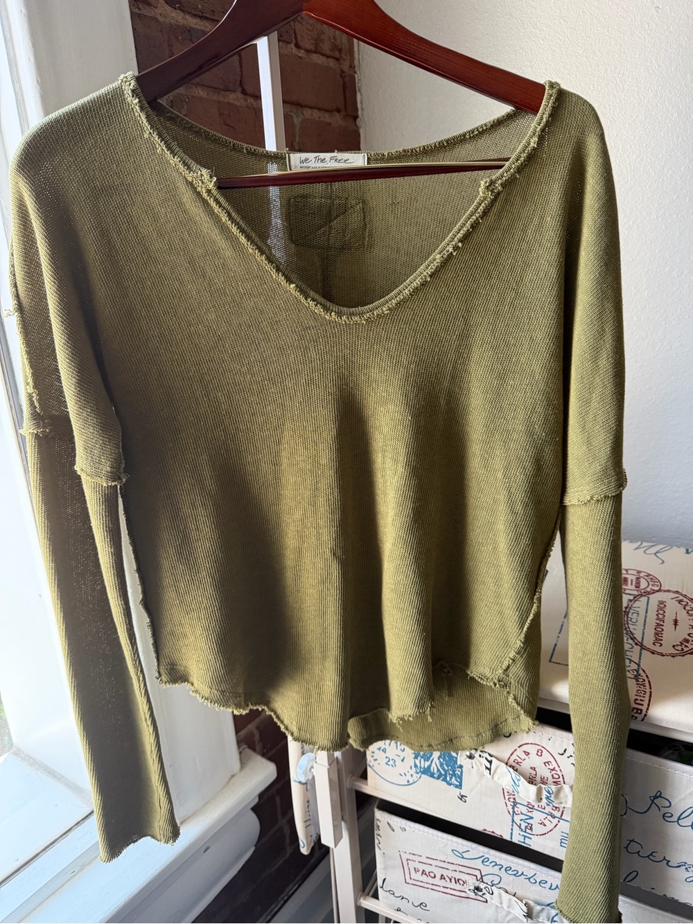 We The Free Olive Distressed Raw-Edge V-Neck Sweater